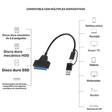 🔌 Cable Adaptador SATA a USB 3.0 / USB‑C – HDD y SSD 2.5" Color: Negro - Img 126136815