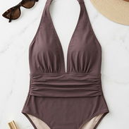 Trusa bikini entero marrón con escote pronunciado, talla L. Elegante bañador de una pieza con cuello halter que se amarr - Img 56105356