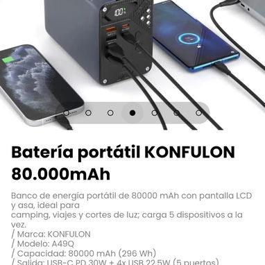 Batería portátil KONFULON 80.000mAh. Capacidad: 80000 mAh (296 Wh) - 4/6