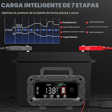 Cargador de Batería E-FAST 0-20A 12/24V LiFePO4 Plomo Ácido Cargador de Batería Automático Inteligente - 6/9