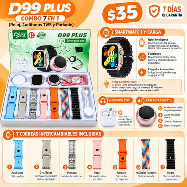 Smartwatch D99 Plus Combo 7 en 1 (Reloj, Audífonos TWS y Parlante) - 2/6