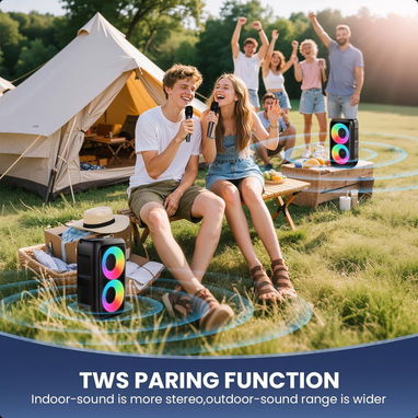 (X) PWBSLAI Altavoz Bluetooth Portátil con 2 Micrófonos Inalámbricos – Altavoz de Fiesta con Luces LED $73.32 - Img 126576756