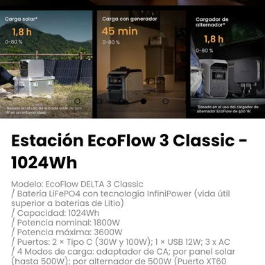 Estación EcoFlow 3 Classic - 1024Wh Modelo: EcoFlow DELTA 3 Classic - 4/6