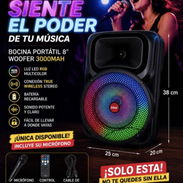 Bocina portátil 8" con luz led, batería recargable y mircófono para karaoke - Img 55785337