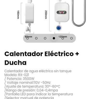 Calentador Eléctrico + Ducha sin tanque. Modelo: RX-021 - 4/6