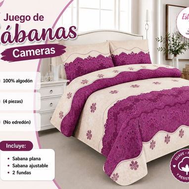 Juego de sábanas cameras o full Camazona 100% algodón  (4 piezas) (No edredón)  1 Sabana plana 1 Sabana ajustable  2 fun - 5/10
