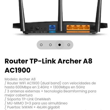 Router TP-Link Archer A8 AC1900. (Dual band) con velocidades de hasta 600Mbps en 2.4GHz + 1300Mbps en 5GHz - 3/4