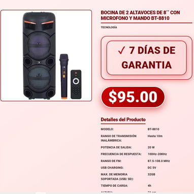 BOCINA BLUETOOTH 30W RMS (80W pico) JVC - XS-KY314PB BOCINA 8'' CON MICRÓFONO 6000W P.M.P.O NDR-1095 - 8/10
