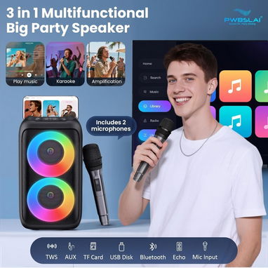 PWBSLAI Altavoz Bluetooth portátil con 2 Micrófonos Inalámbricos - Bocina Altavoz de Fiesta con luces LED 🌐 - Img 127561555