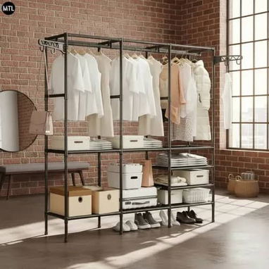 Ropero de metal. Armario abierto. Closet. - 3/4