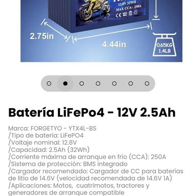 Batería LiFePo4 - 12V 2.5Ah. Aplicaciones: Motos,  cuatrimotos, tractores y generadores de arranque compatible - 2/7