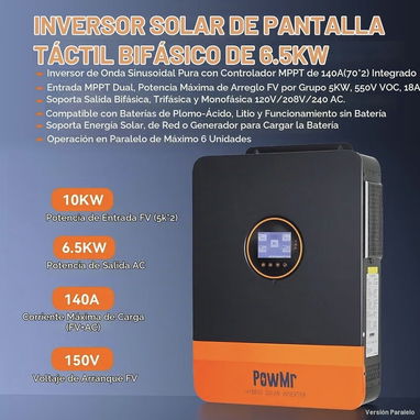 Inversor 6.5 kW PowMr híbrido de 6500W 48 V CC a 120 V/240 Vac de fase dividida Dual MPPT - 3/7