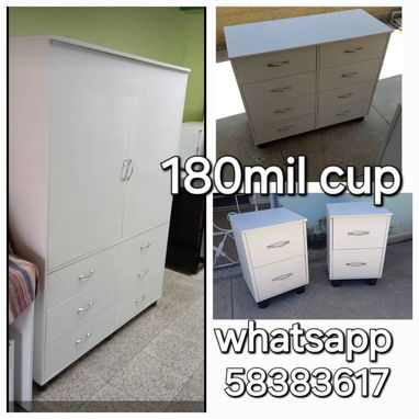 📢👶Escaparates blancos para bebé y matrimoniales con su gabetero blanco de 8 gabetas y mesitas de noche, hechos de mela - Img 100037260