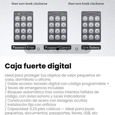 Caja fuerte digital. Doble acceso: teclado digital con código programable + 2 llaves de emergencia incluidas - 4/6