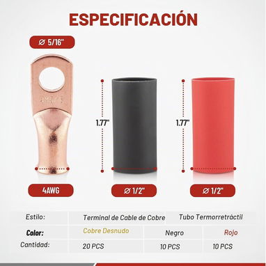 Kit de 20 Terminales de Cobre de Alta Resistencia - Calibre 4 AWG (5/16) M8 - 2/4