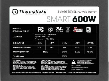 Fuente para PC Thermaltake SMART 600W ATX 80 Plus certificada - Img 71334956