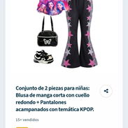 Conjunto de 2 piezas para niñas: Blusa de manga corta con cuello redondo + Pantalones acampanados con temática KPOP. - Img 57651957