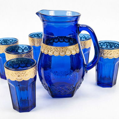 Juego de vasos con jarra AZUL COBALTO CON DECORACIÓN DORADA. D.J.M. Micro 9 - 2/2
