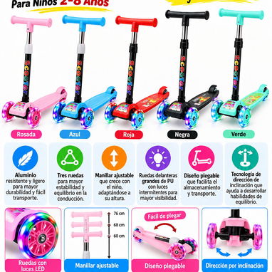 Carriola Monopatín De Pie Plegable Para Niños 2-8 Años  y de 3 a 10 años. Rosada, azul, roja, negra y verde. - 2/2