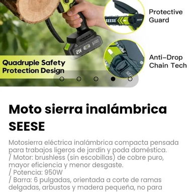 Moto sierra inalámbrica SEESE. Batería: incluye 2 baterías de 21V, con autonomía de hasta 80 minutos - 4/5