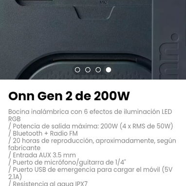Onn Gen 2 de 200W. Bocina inalámbrica con 6 efectos de iluminación LED RGB - Img 111842933