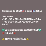 Remesas de EEUU🇺🇲 a Cuba🇨🇺 TRATO PRESENCIAL✅️ 5% de Comisión   Por cada:  105 USD x ZELLE=100 USD en Cuba - Img 48331902