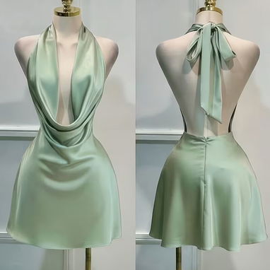Vestido de satín de color liso con cierre trasero y espalda descubierta TALLAS S, M, L - 3/4