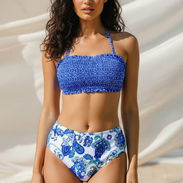 Bikini Talle Alto – Top Estilo Smock Azul y Panty Floral – ¡Divino!" M 18usd - Img 55096054