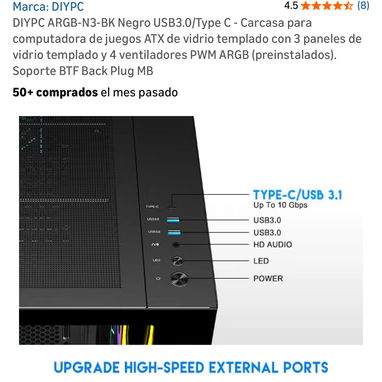 DIYPC ARGB-N3-BK Negro USB3.0/Type C - Carcasa para computadora de juegos ATX de vidrio templado con 3 paneles de vidrio - Img 108722952