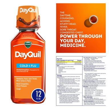 DAYQUIL Y NYQUIL: JARABE DE ACETAMINOFEN PARA LA TOS, FIEBRE, CONGESTION NASAL Y MALESTAR DE 8 ONZAS Y 12 ONZAS SELLADOS - 3/4