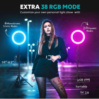 Anillo de luz RGB de 10" pulgadas con soporte para trípode de 72" pulgadas de alto y soporte para teléfono 🌐 - Img 125928132