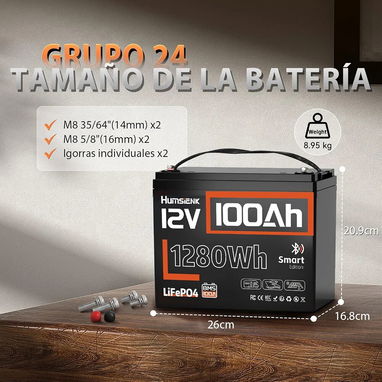 Batería HumsiENK LiFePO4 12V 100Ah Group 24 1280Wh Bluetooth - 3/9