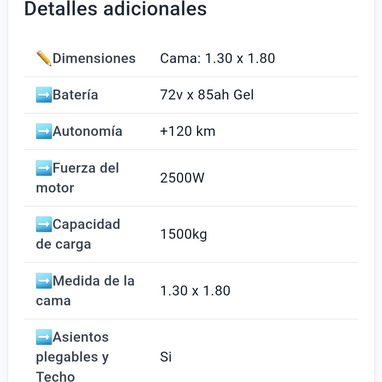 🛺 Triciclos T-mas con cabina 🪫Batería: 72v x 85ah gel 💪Autonomía: + 120km 📏Dimensiones Cama: 1.30x1.80 ⌛Garantía: 3 - 5/5