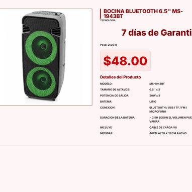 BOCINA DE 8 PULGADAS MS-2055BT $68.00, BOCINA 8'' CON MICRÓFONO 6000W P.M.P.O NDR-1095 $150.00 - 5/10