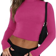 REORIA Camisetas básicas de manga larga acanaladas con cuello alto falso para mujer.Talla L - Img 52493148