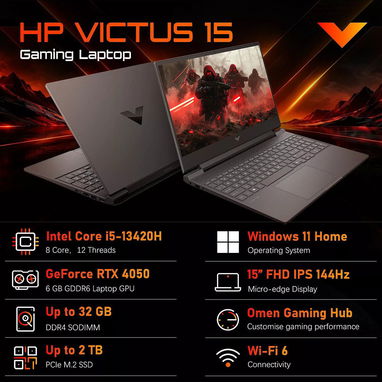 LAPTOP 🎁NUEVA📦CAJA, HP Victus 15 (15-fa2089wm), RTX 4050 6GB GDDR6, 15.6" FHD, Intel Core i5-13420H, 16GB RAM, 512GB - 8/9