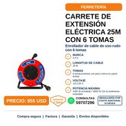 CARRETE DE EXTENSION ELECTRICA 25M CON 6 TOMAS - Img 58437776
