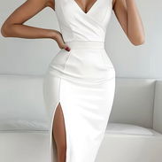 Donna - Vestido midi de cuerpo ajustado con cuello en V blanco y escote alto para mujer - Img 52832392