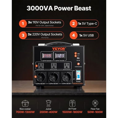 TRANSFORMADOR CONVERTIDOR DE VOLTAJE VEVOR 3000VA 110V 220V STEP UP DOWN AUTOMÁTICO NEGRO - Img 123063041
