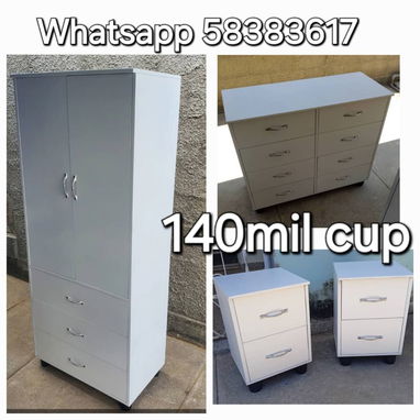 📢👶Escaparates blancos para bebé y matrimoniales con su gabetero blanco de 8 gabetas y mesitas de noche, hechos de mela - Img 100037257