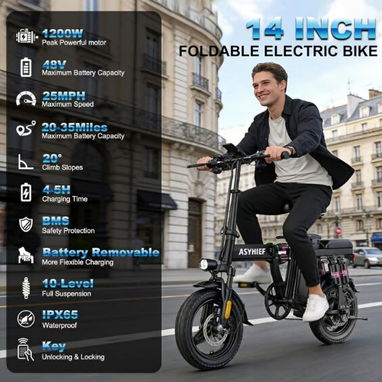 Bicicleta Eléctrica Plegable 14” 1200W 24MPH Batería 48V 10Ah Suspensión y Frenos de Disco - Img 123124982