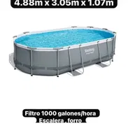 Piscina Bestway Power Shovel • Dimensiones: 4,88 m × 3,05 m × 1,07 m • Incluye: filtro de 1000 galones/hora, escalera, - Img 56083464