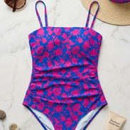 Trusa bikini entero azul con estampado floral fucsia, talla M. Bañador de una sola pieza con tirantes finos ajustables y - Img 56104321