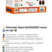 ⚡ Generador Sigma SG4000iSDF Dual Fuel – Nuevo en caja ✅ Funciona con gasolina o gas propano ✅ Potencia máxima: 4,000 - Img 57557268