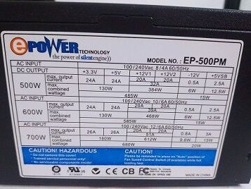 Fuente de Alimentación de computadora: Marca: ePower  Model: EP-500PM WATS: 500W Amperaje: - Img main-image