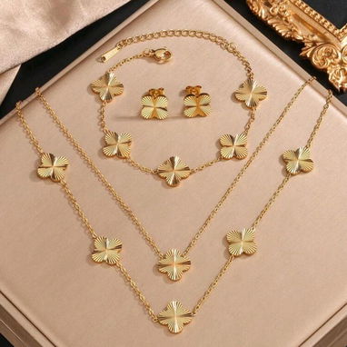 Juegos de collar aretes y pulso de flores trébol imitación van cleef de acero inoxidable - 7/7