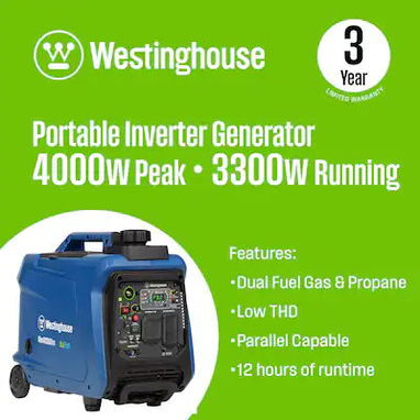 Se vende planta eléctrica Westinghouse iGen4000DFcv (Dual Fuel Inverter Generator con sensor de CO. - 2/10