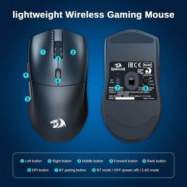 ✔️Mouse gamer Redragon inalámbrico, 3 modos,ligero, botones programables completos, software de 12000 DPI mouse gami - Img 123398650