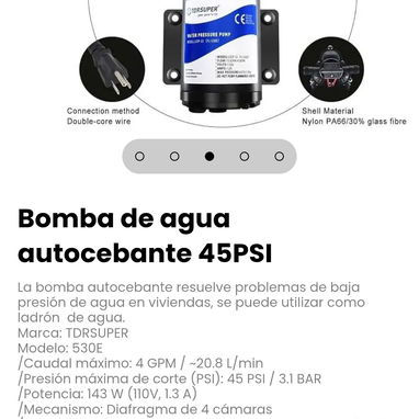 Bomba de agua autocebante 45PSI. Incluye: 1 Filtro de agua roscado , adaptadores 1/2" y 1 rollo de teflon - 4/6