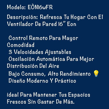 Ventilador de Pared 16" con Control remoto Color Negro  Marca EÒN 🔷 $35 - 3/3